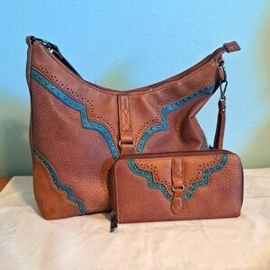 Justin Western Shoulder Bag Matching Wallet Brown Turquoise